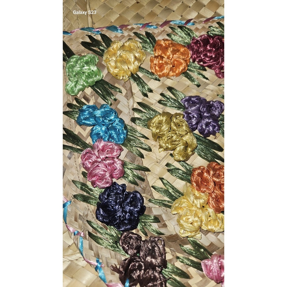 Vintage Embroided‎ Floral Raffia Straw Beach Market Tote Bag Lined Summer Beach - Picture 4 of 13